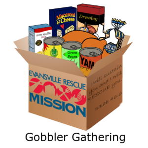 Gobbler Gathering Logo of box stuffed with food